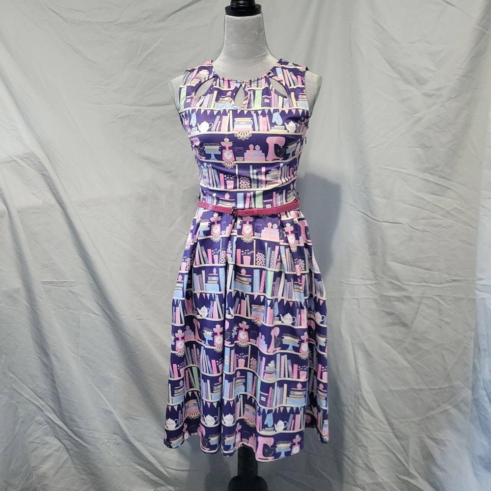 Lindy Bop Lily Baking Bookshelf Dress Navy/Purple - Picture 2 of 11